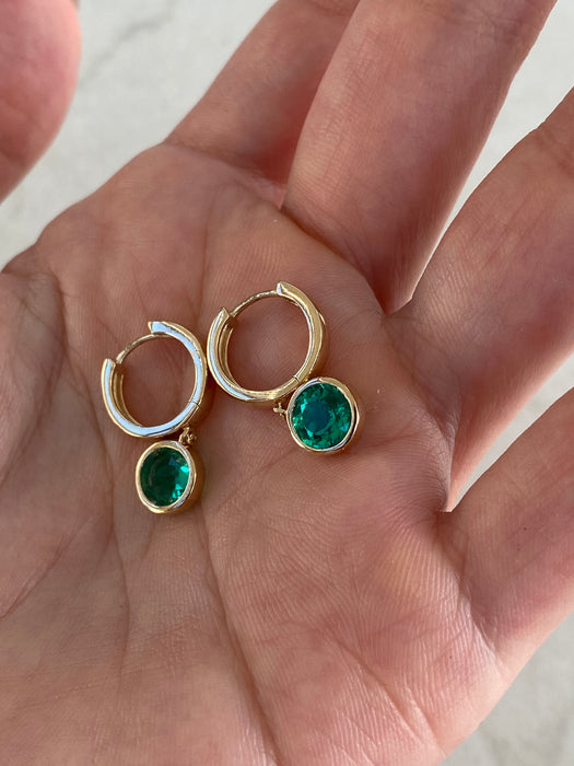 14K Gold Lab-Grown Emerald Bezel-Set Huggie Earrings