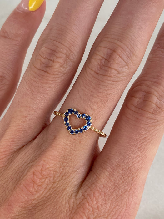 14K Gold Bead Ring with Blue Sapphire Heart | Size 7