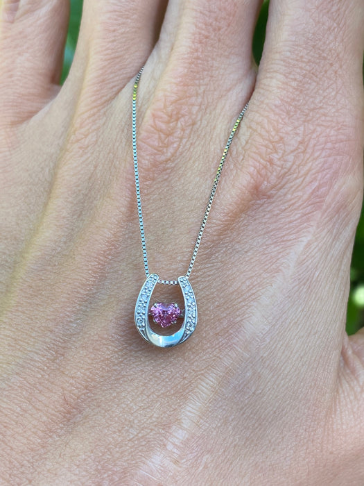 Vintage Platinum Pink Sapphire Heart & Diamond Horseshoe Dancing Necklace