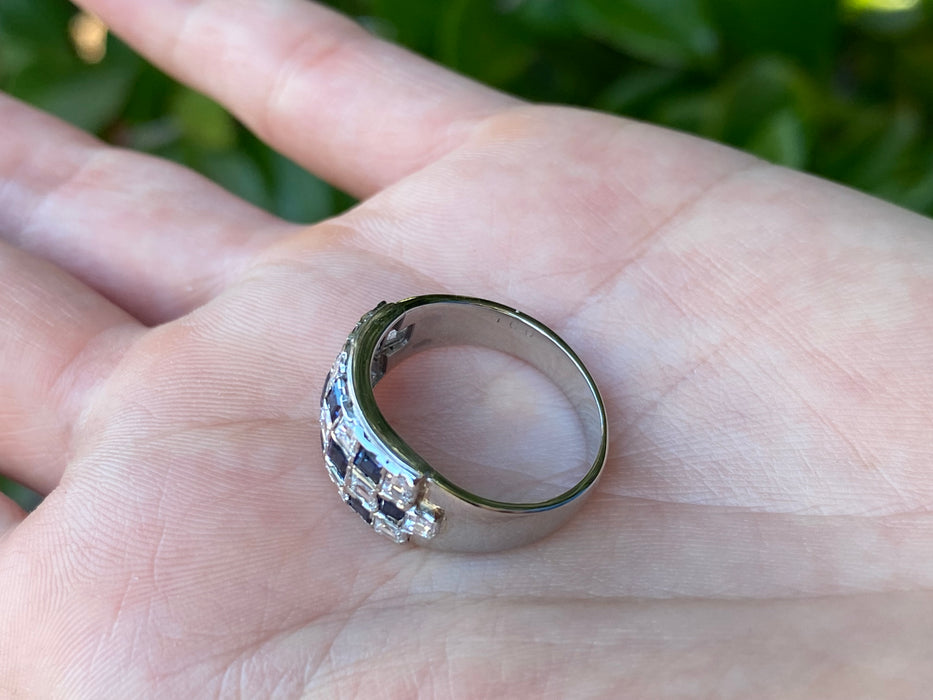 18k white gold checkerboard blue sapphire Asscher cut diamond ring size 6.5