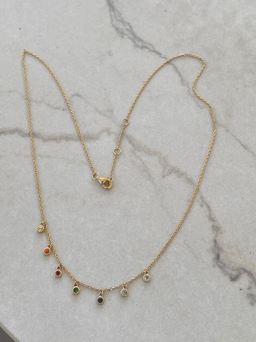 14K Multi-Gemstone Bezel Station Charm Necklace