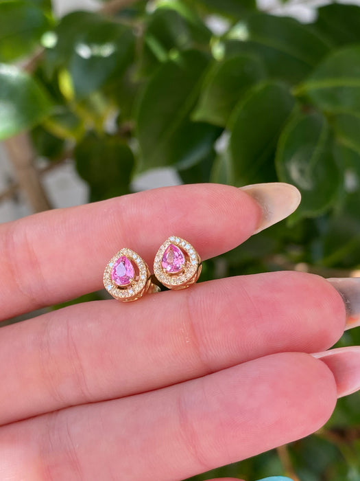 14k pink sapphire diamond halo stud earrings