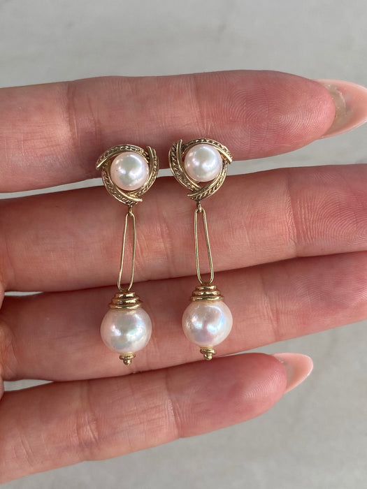 Vintage 14k Gold Double Pearl Rope Dangly Earrings