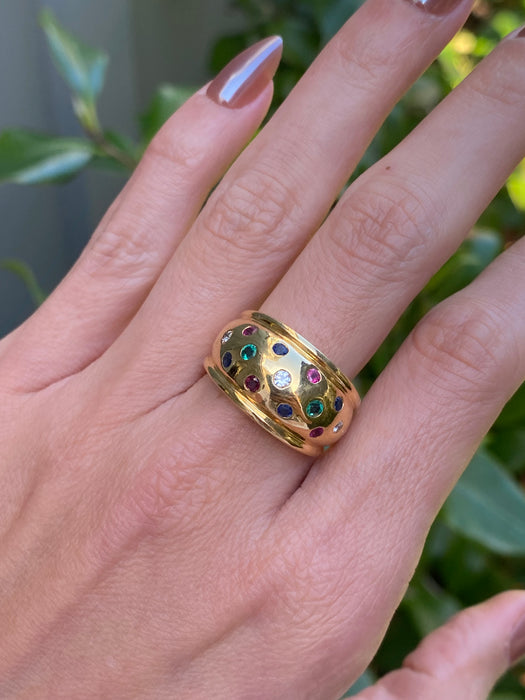 Vintage 18K Gold Multi-Gem Bombe Ring