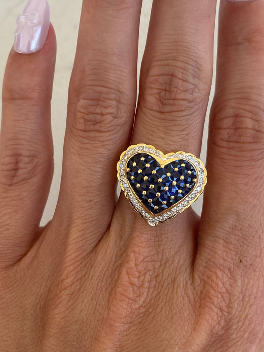 Vintage 18K Gold Blue Sapphire & Diamond Heart Ring