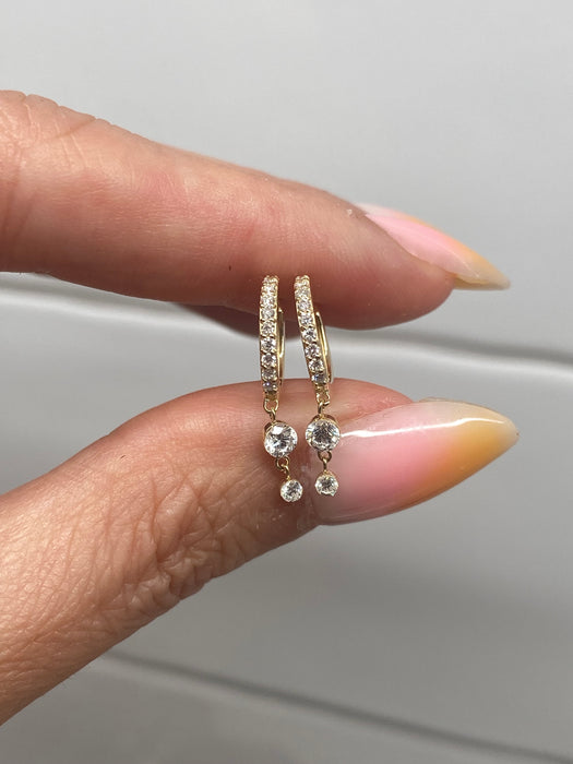 14K Gold Lab Diamond Huggie Earrings with Double Diamond Drops