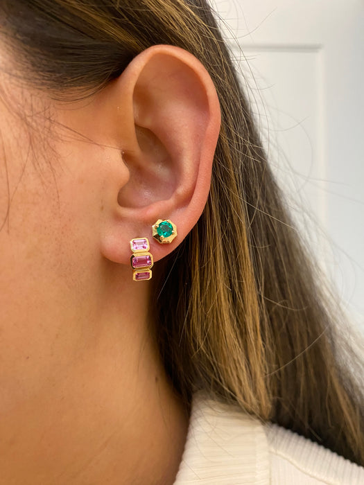 14K Bezel Set Lab Pink Sapphire Emerald Cut Huggie Earrings