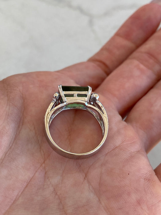 Vintage Platinum 900 Green Tourmaline & Diamond Ring