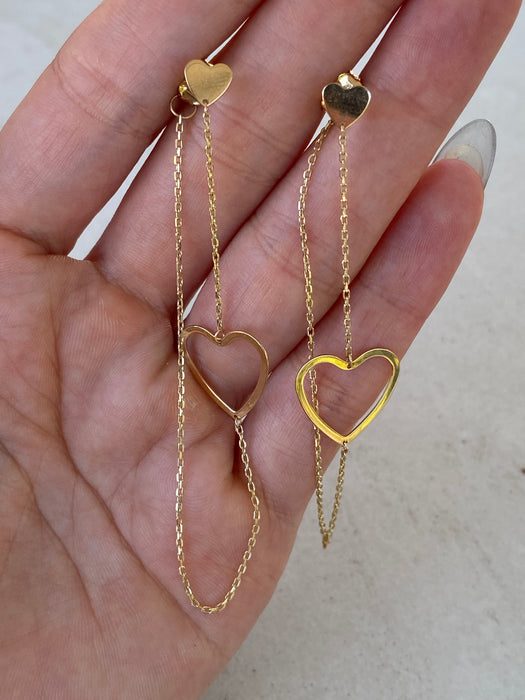 14K Yellow Gold Heart Chain Drop Earrings