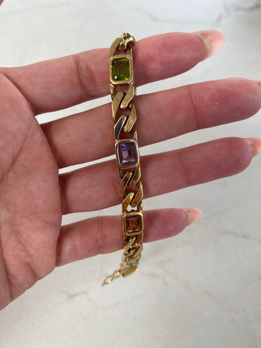 Vintage 14k Solid Gold Rainbow Gemstone Curb Bracelet | Emerald Cut Peridot Amethyst Citrine | 7”