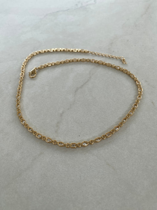 14K Gold 13 Carat Lab Diamond Mixed Cut Bezel Set Tennis Necklace | Pear, Marquise, Emerald & Round