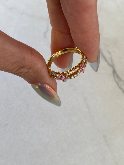Vintage 18K Gold Pink Sapphire Flower & Diamond Double Row Ring