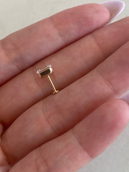 14K Gold Invisible Set Emerald Cut Lab Diamond Flat Back Stud Earring- Single