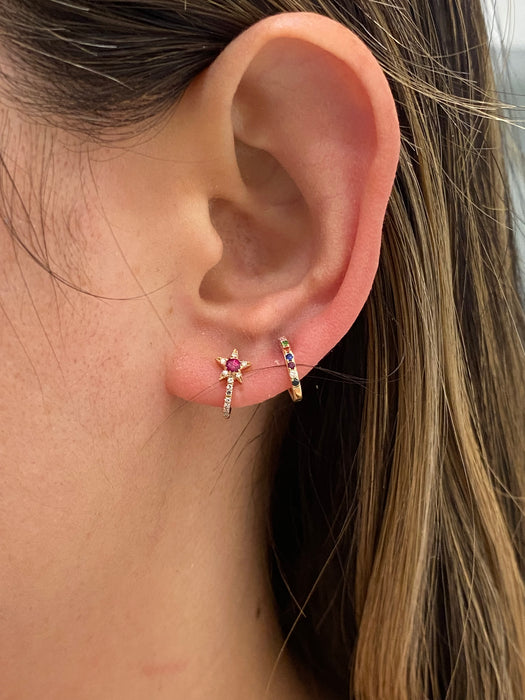 14k Rose Gold Ruby Diamond Star J Huggie Earrings