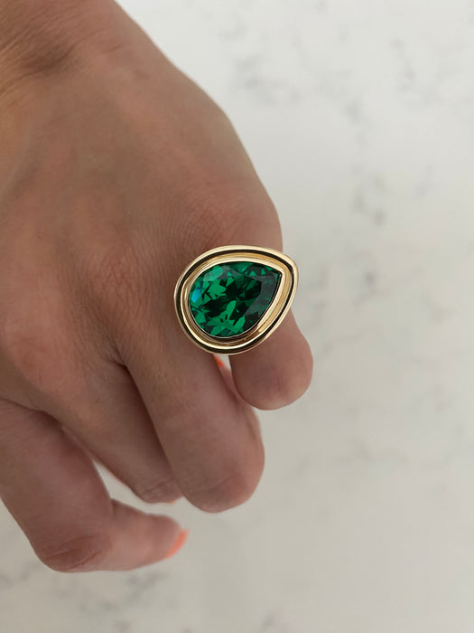 14K Gold Bezel-Set Lab Emerald Pear Pinky Ring