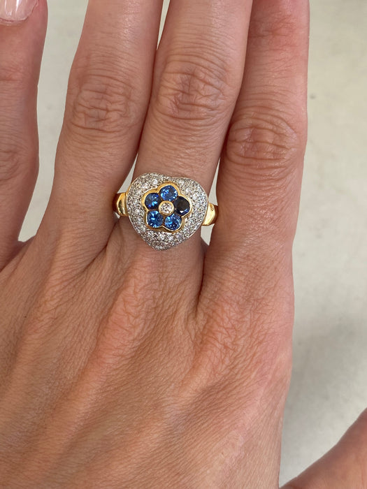 Vintage 18K Gold & Platinum Diamond and Blue Sapphire Flower Heart Ring