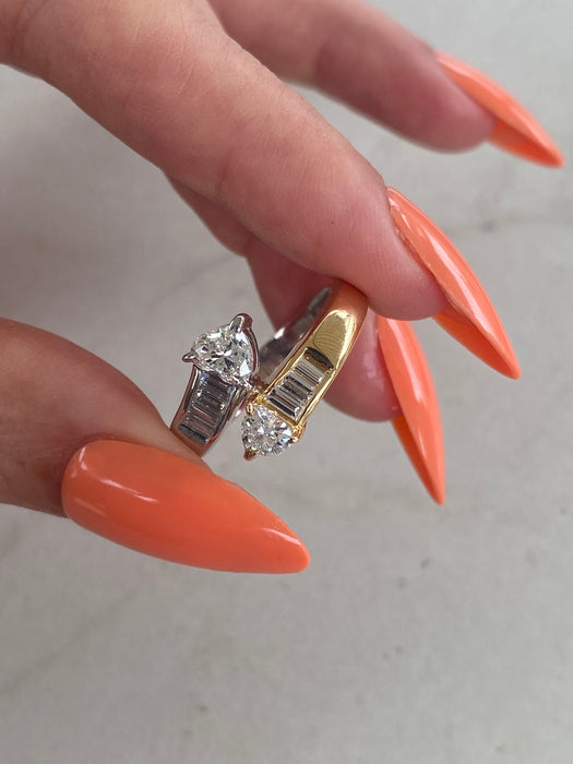 Vintage 18K Gold & Platinum Natural Heart Diamond Bypass Ring