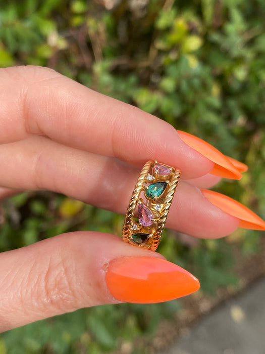 Vintage 18K Gold Pink & Green Tourmaline Diamond Ring – Size 6
