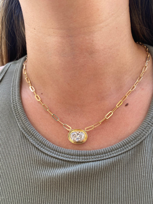 14K Gold Paperclip Necklace with 3 Carat East-West Oval Lab Diamond