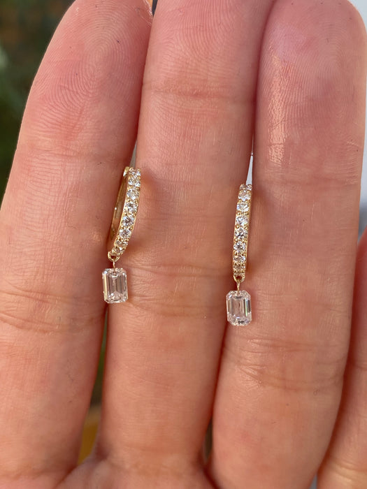 14K Gold Lab Diamond Huggie Earrings with Floating Emerald Cut Drop