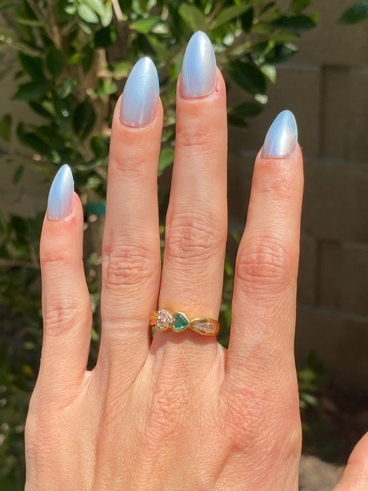 Vintage 18K Gold Bezel Set Emerald Heart & Diamond Ring