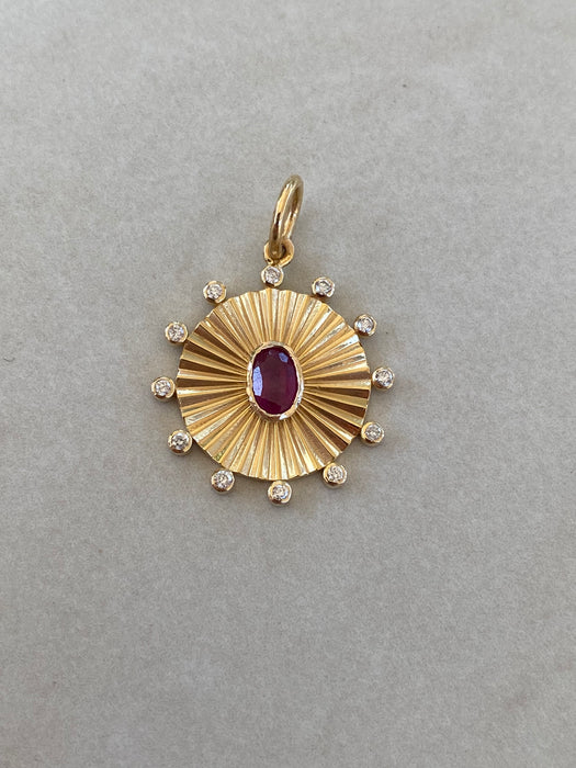 14K Gold Fluted Ruby & Diamond Disc Charm
