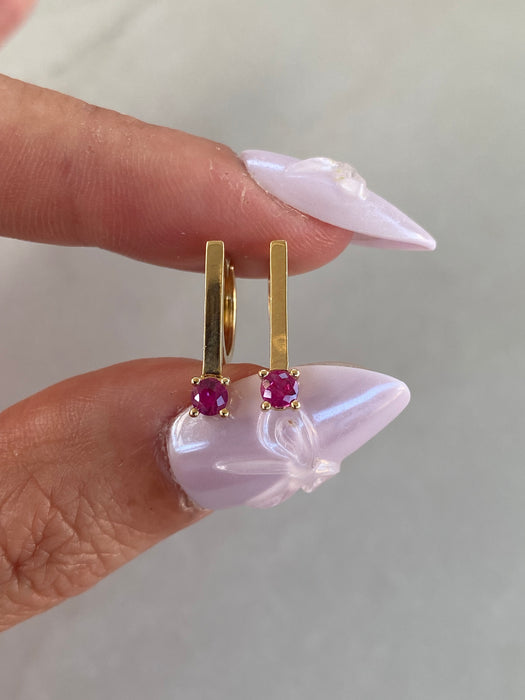 14K Natural Ruby Bar Huggie Earrings