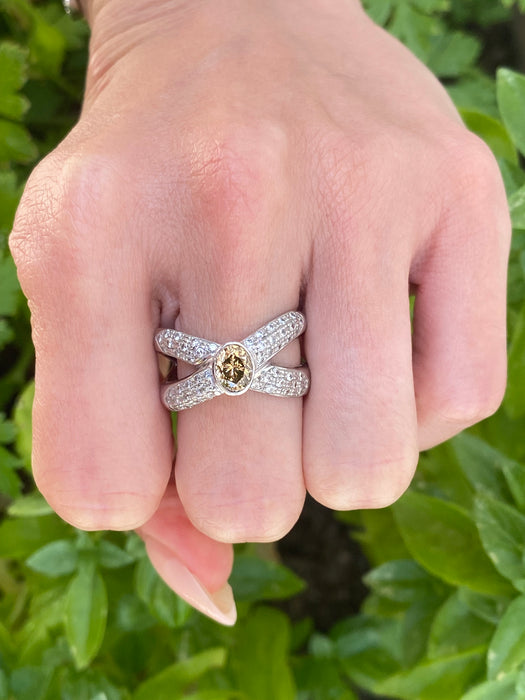Vintage Platinum 900 Brown Diamond Criss Cross Ring – 1.34 TCW Natural Diamonds – Size 8.5