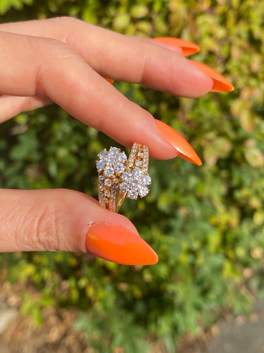 Vintage 18K Gold Diamond Bypass Flower Ring – 1.34 TCW – Size 6.5