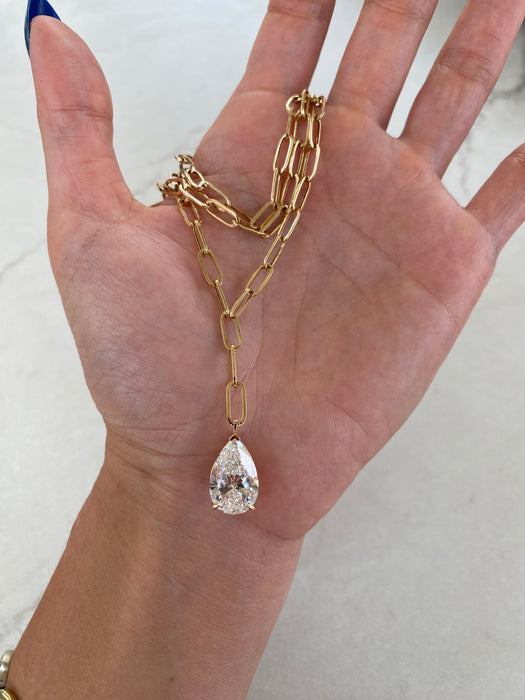 14K Paperclip Lariat Necklace with 5 Carat Pear Lab Diamond