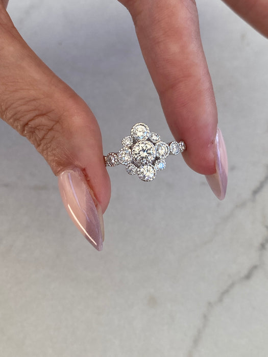 Vintage Platinum 900 Diamond Floral Ring