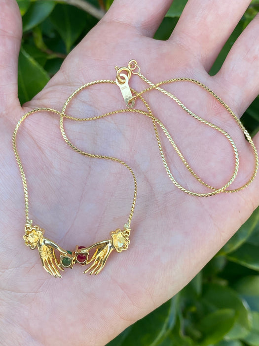 Vintage 18K Gold Hand Necklace with Ruby, Emerald & Diamond Accents – 16.25”