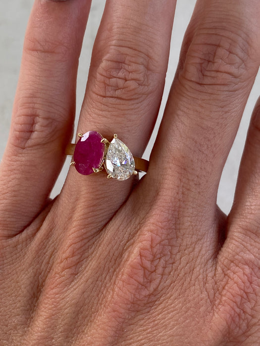 14K Gold Ruby & Pear Diamond Ring – 1 Carat Oval Ruby, 1 Carat Pear Lab Diamond, Size 4.75