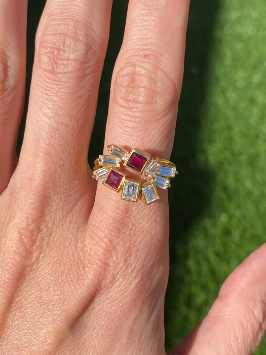 18k Gold Ruby Diamond Firework Ring Size 5.25