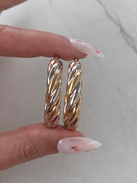 Vintage 14K Rose & White Gold Twist Hoop Earrings