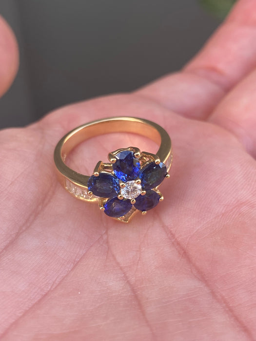 18k blue sapphire diamond flower ring size 6.75