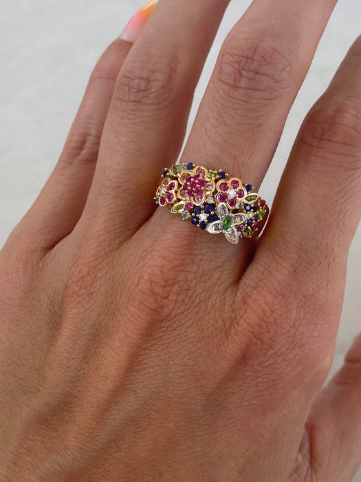 Vintage 18K Multicolor Gemstone & Diamond Floral Ring