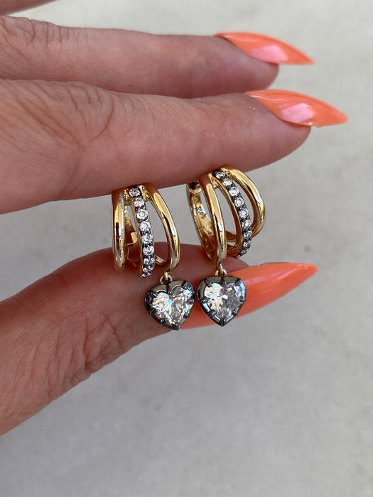 14K Gold Triple Huggie Heart Lab Diamond Earrings