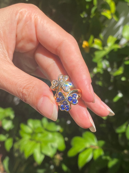 18k diamond blue sapphire clover bypass ring size 5