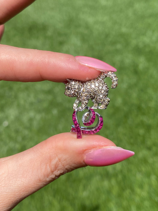 Vintage 18K White Gold Diamond & Ruby Cat Slider Charm