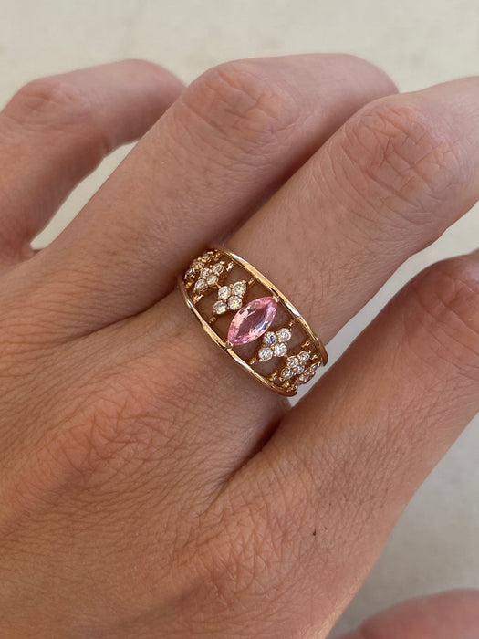 Vintage 18K Rose Gold Pink Sapphire & Diamond Floral Ring