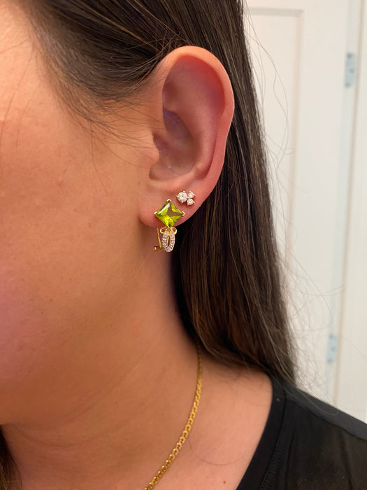 Vintage 14k Gold Peridot and Diamond Omega Back Earrings | Princess Cut Peridot