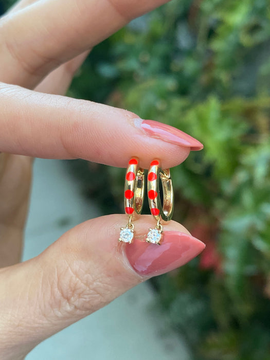 14k red enamel diamond huggies earrings