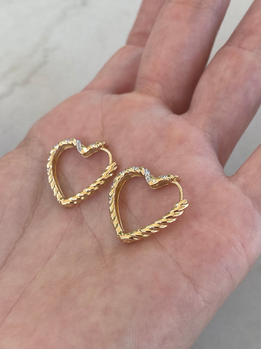 14K Natural Diamond Croissant Heart Huggie Hoops