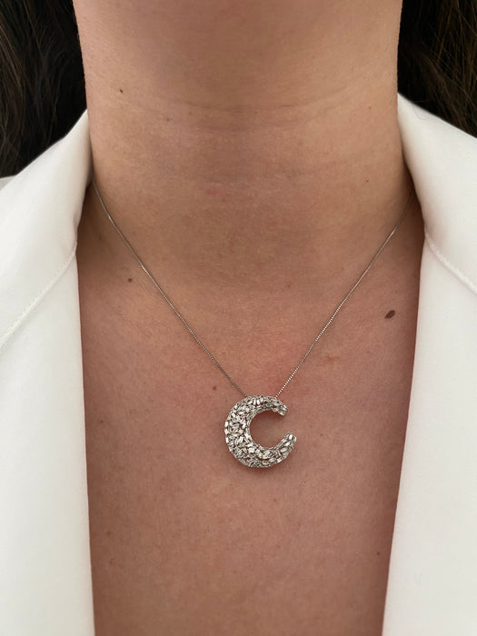 18k white gold box chain with 18k white gold baguette diamond crescent moon