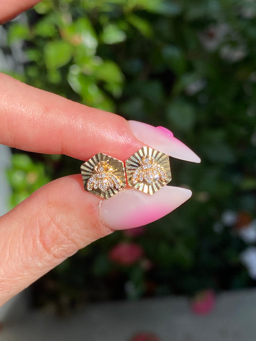 14K Gold Fluted Hexagon Diamond Bee Stud Earrings