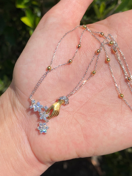 Vintage Two-Tone 18K Platinum 900 Diamond Hand & Flower Necklace