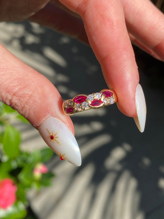 Vintage 18K Ruby and Diamond Swirl Ring – Marquise Rubies – 0.74 TCW Rubies – Size 6