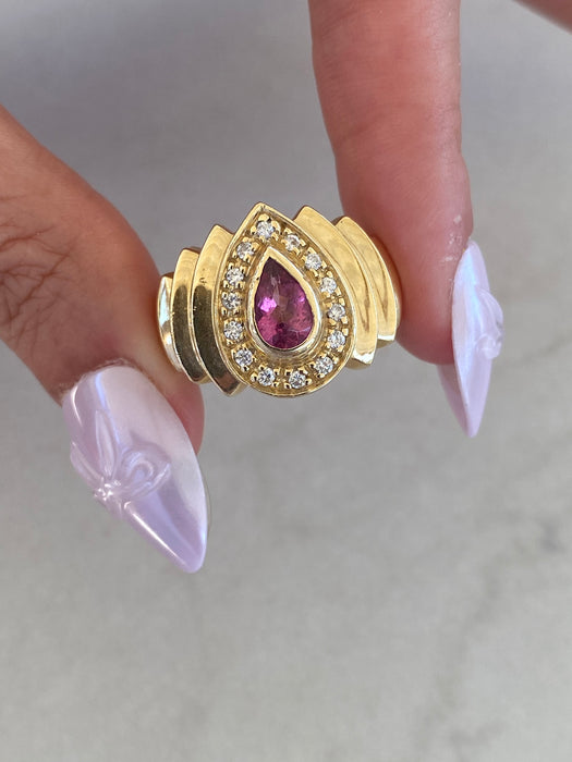 Vintage 14K Pink Pear Tourmaline & Diamond  Ring
