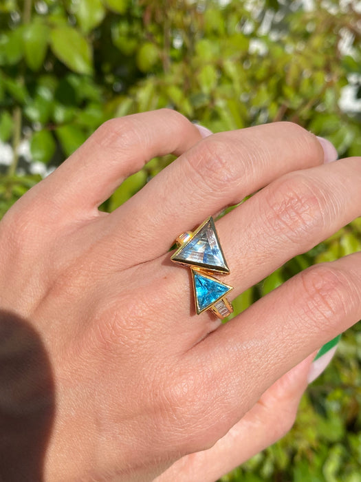 14k diamond aquamarine topaz trillion bypass ring size 6.5
